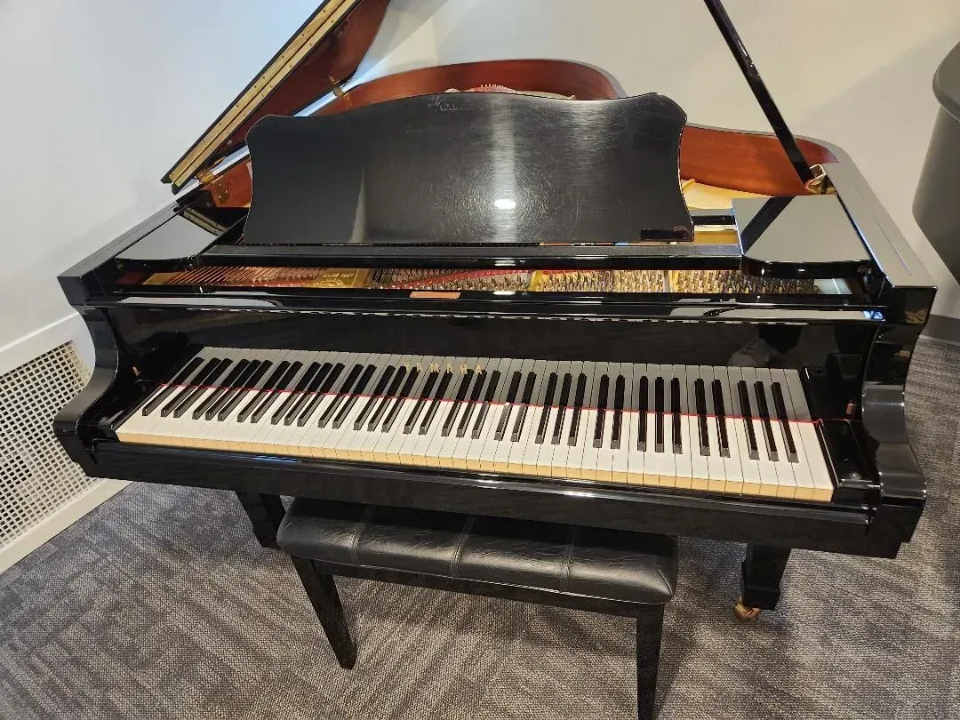 Black grand piano with a music stand; piano bench in front.