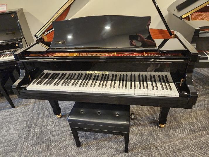 Black grand piano with matching bench in a showroom-like room
