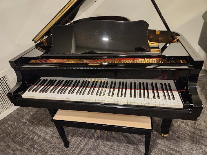 Black grand piano with open lid and bench in a carpeted room