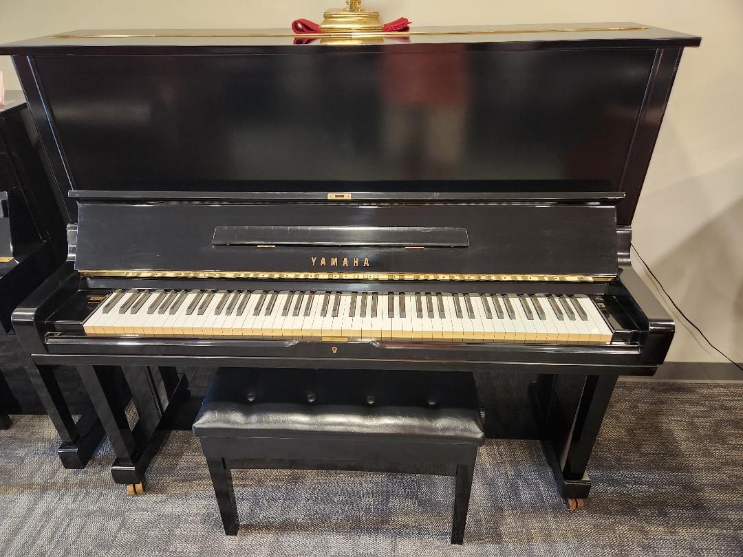 Black upright piano with matching bench in a carpeted room.
