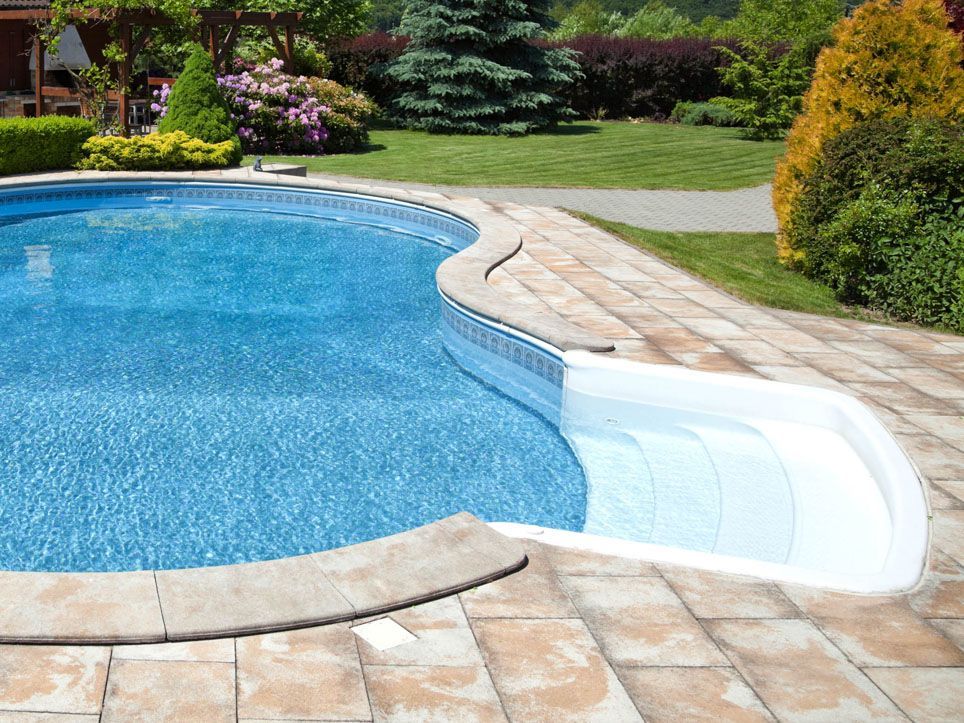 Curved backyard swimming pool with blue water, stone patio, and landscaped garden edging