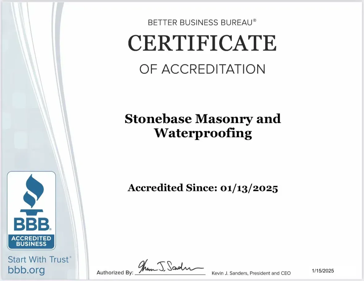 BBB Certificate of Accreditation for Stonebase Masonry and Waterproofing, accredited since 01/13/2025.