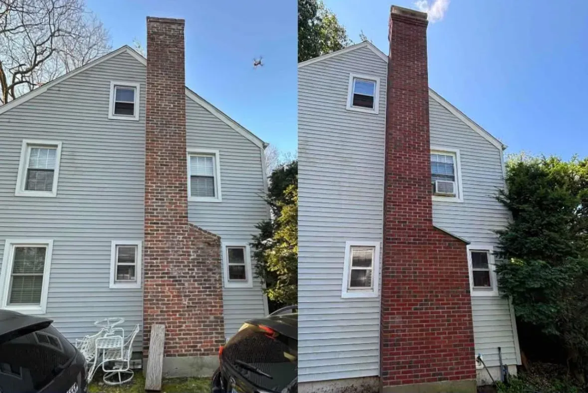 Two-panel comparison of a house and brick chimney. Left side dirty; right side cleaned, showing a contrast.