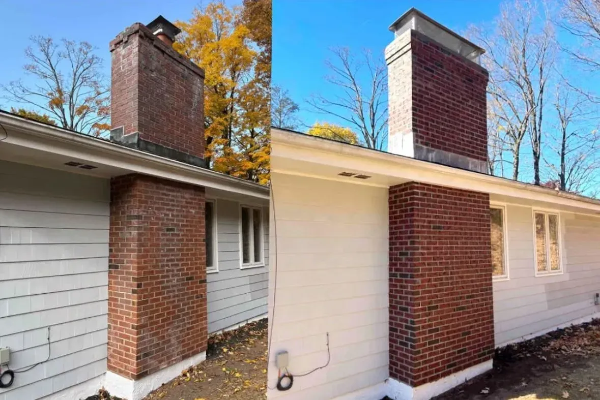 Before and after of a brick chimney on a white-sided house, showing cleaning results.
