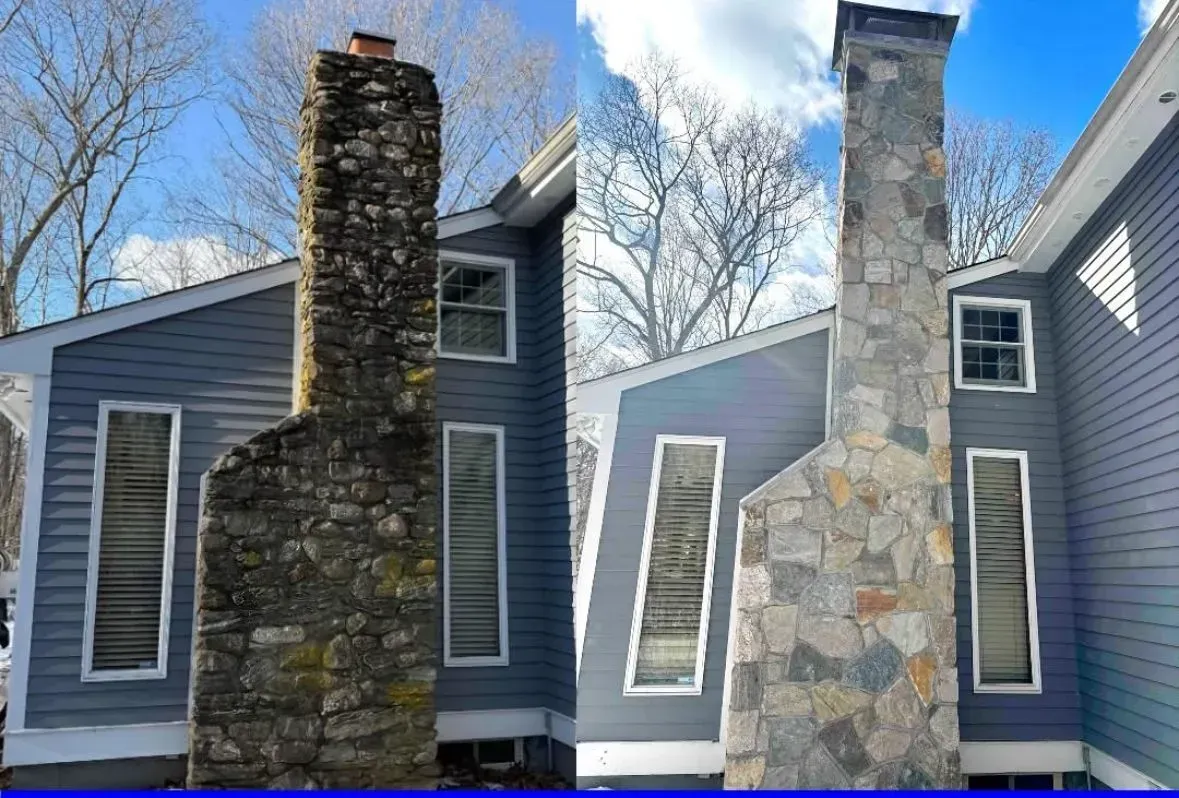 Before and after comparison of a stone chimney cleaning; chimney against a gray house.