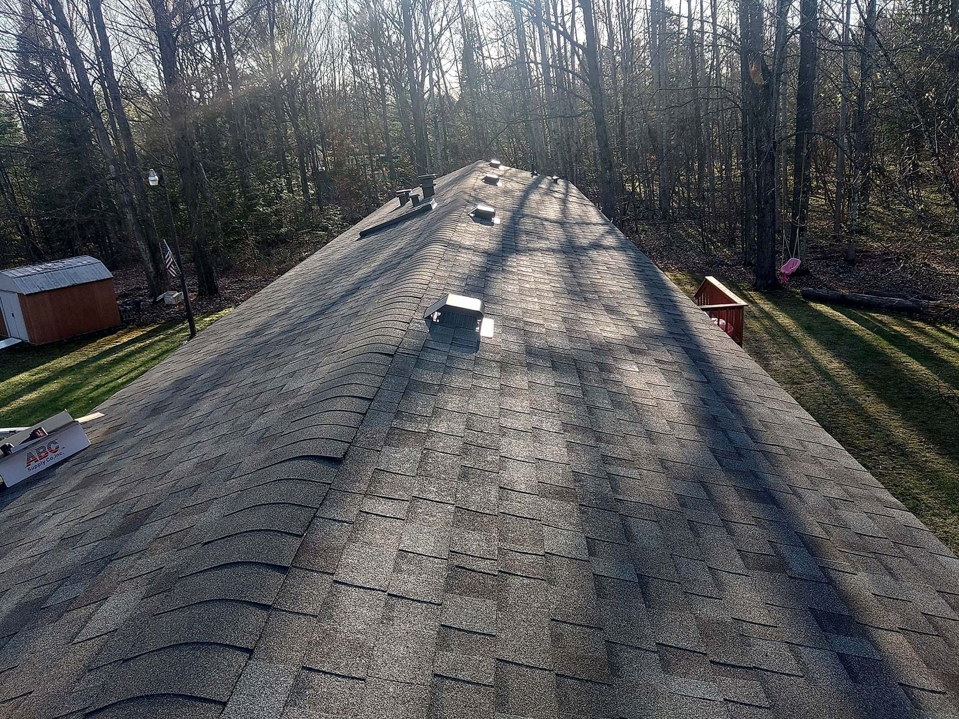 View of a weathered asphalt shingle roof with several vents, set against a backdrop of trees and sunlight.