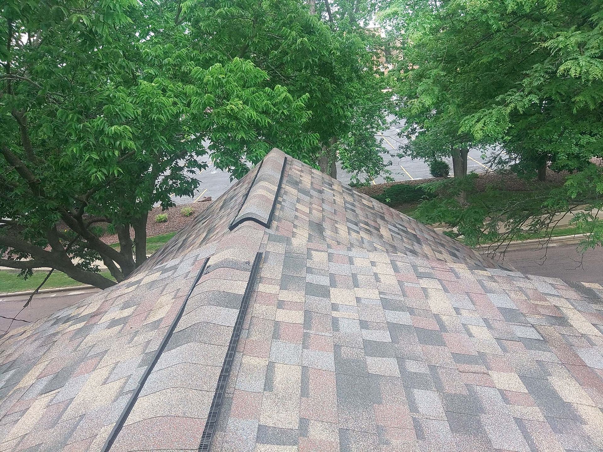 Close-up view of a roof with asphalt shingles. The roof's peak is in focus, with trees in the background.