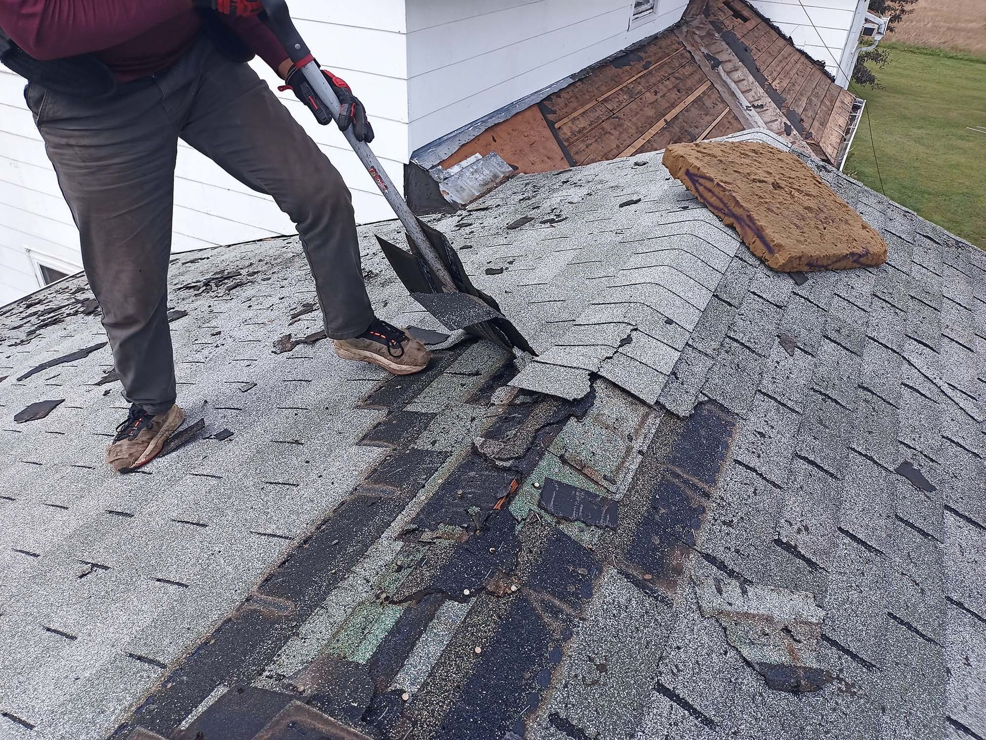 Person removing shingles from a roof with a tool.