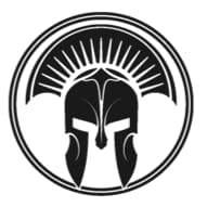 Black and white emblem: a Spartan helmet within a circle, adorned with radiating lines.
