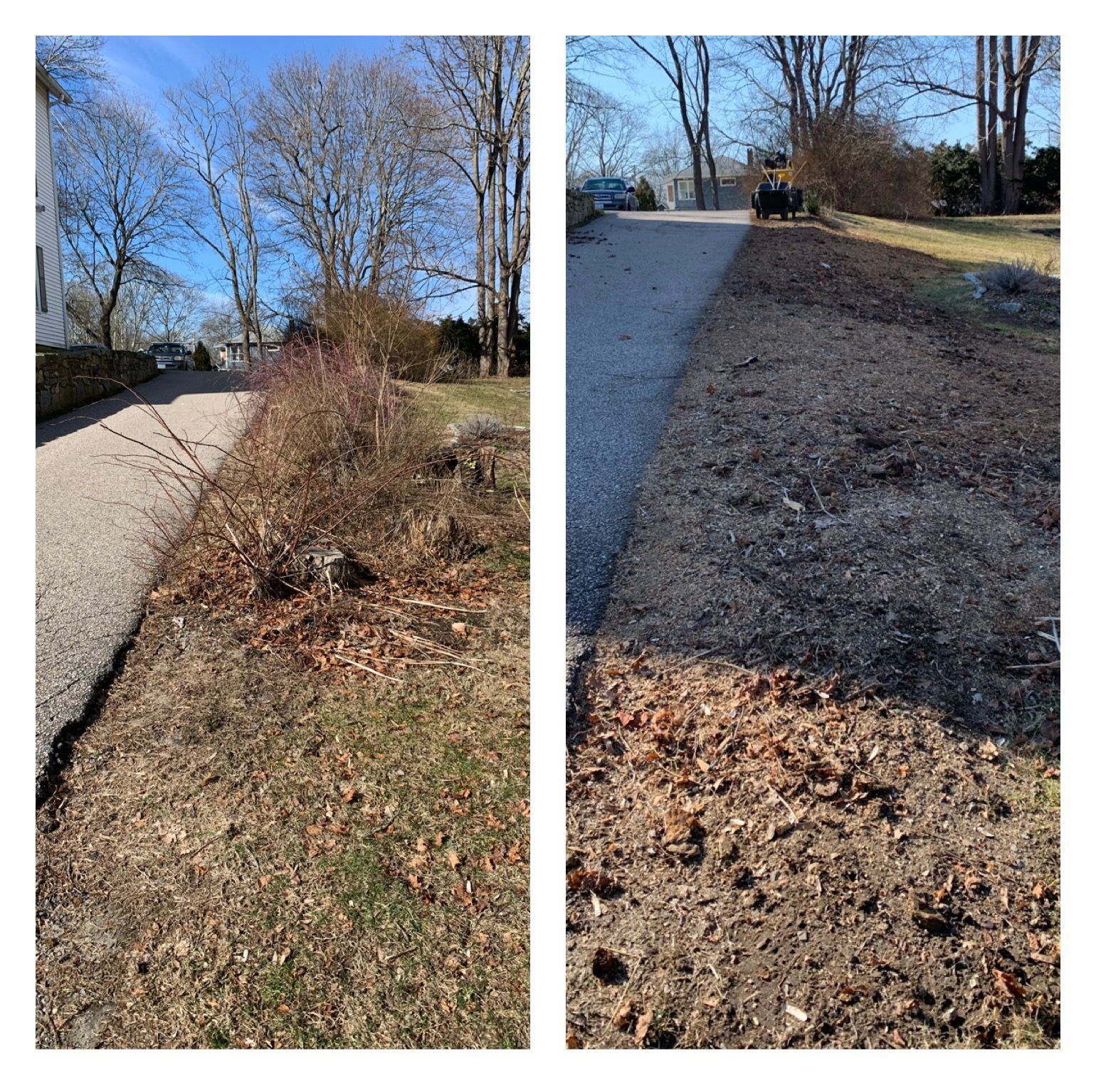 A before and after picture of a stump grinding.