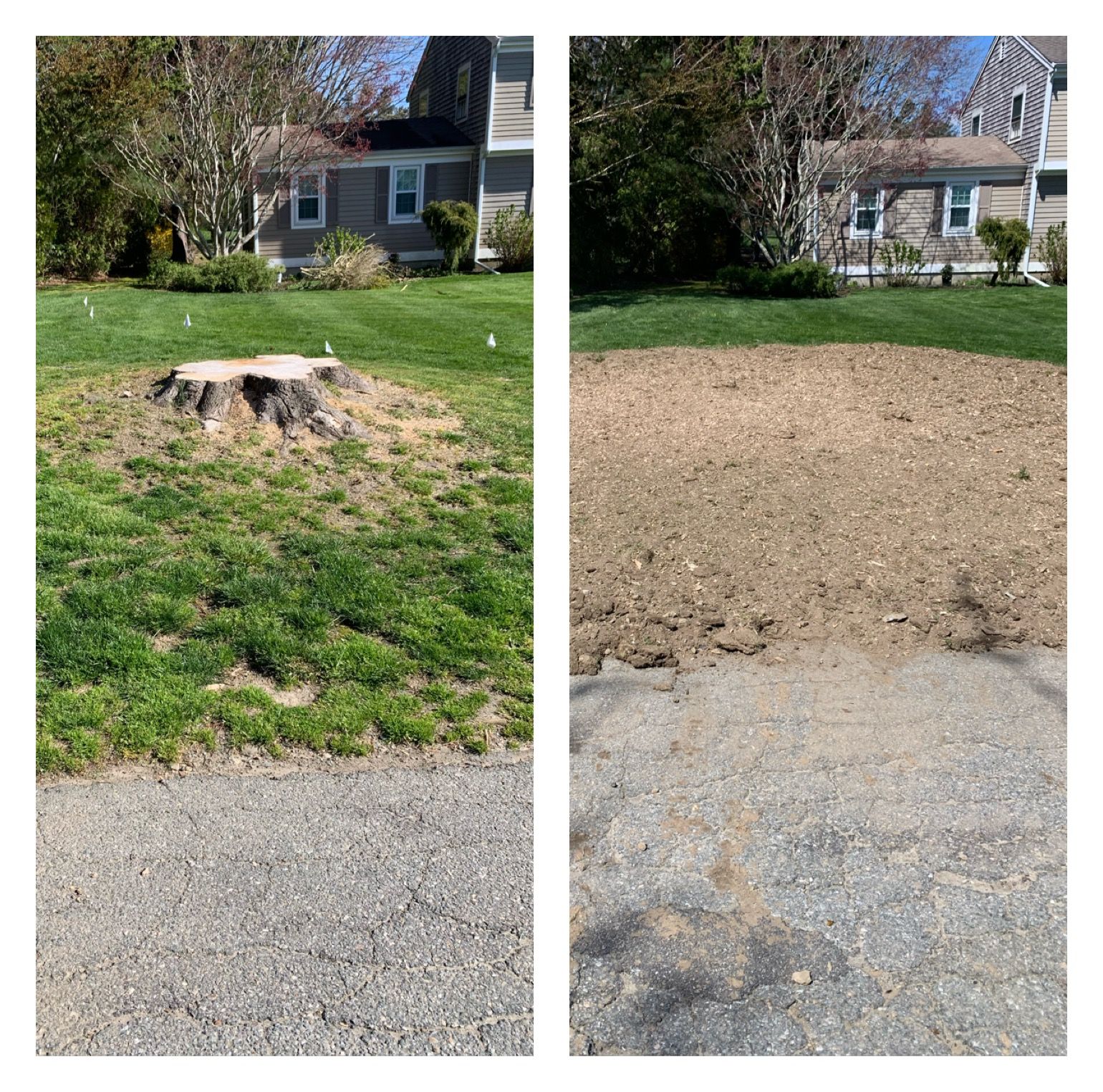 A before and after picture of a tree stump in a yard.