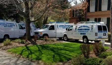 White work vans parked on a lawn, advertising plumbing and repair services. A two-story house is in the background.