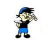 Cartoon character holding a tray and a trowel, wearing a blue cap, black shirt, and blue shorts.