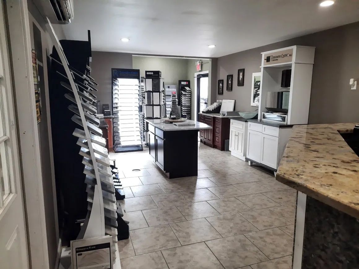 a large room with a lot of furniture and a counter