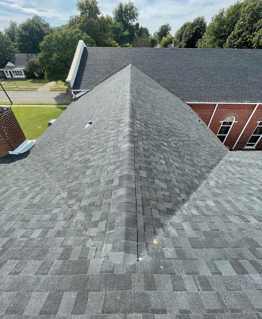 An aerial view of a roof of a house