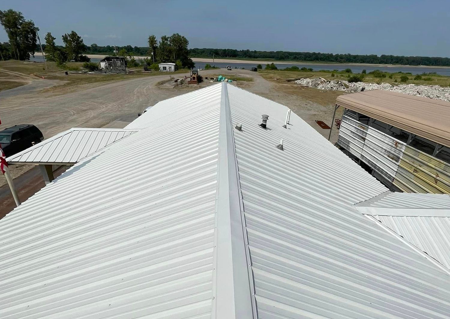 An aerial view of a white roof