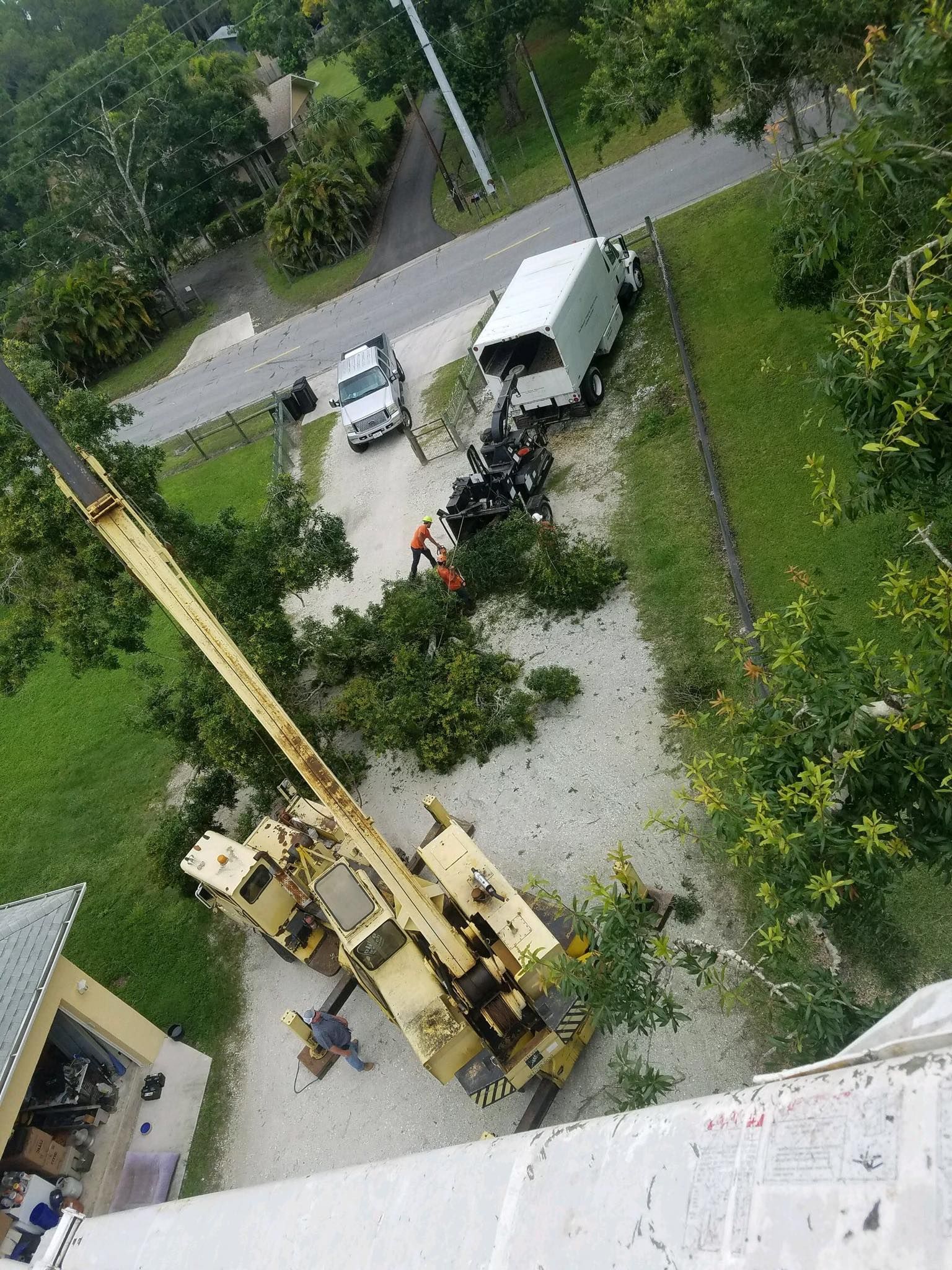 An aerial view of a crane cutting a tree in a yard.