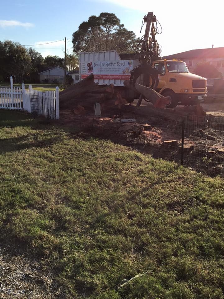 A yellow truck is driving down a dirt road next to a large tree stump.