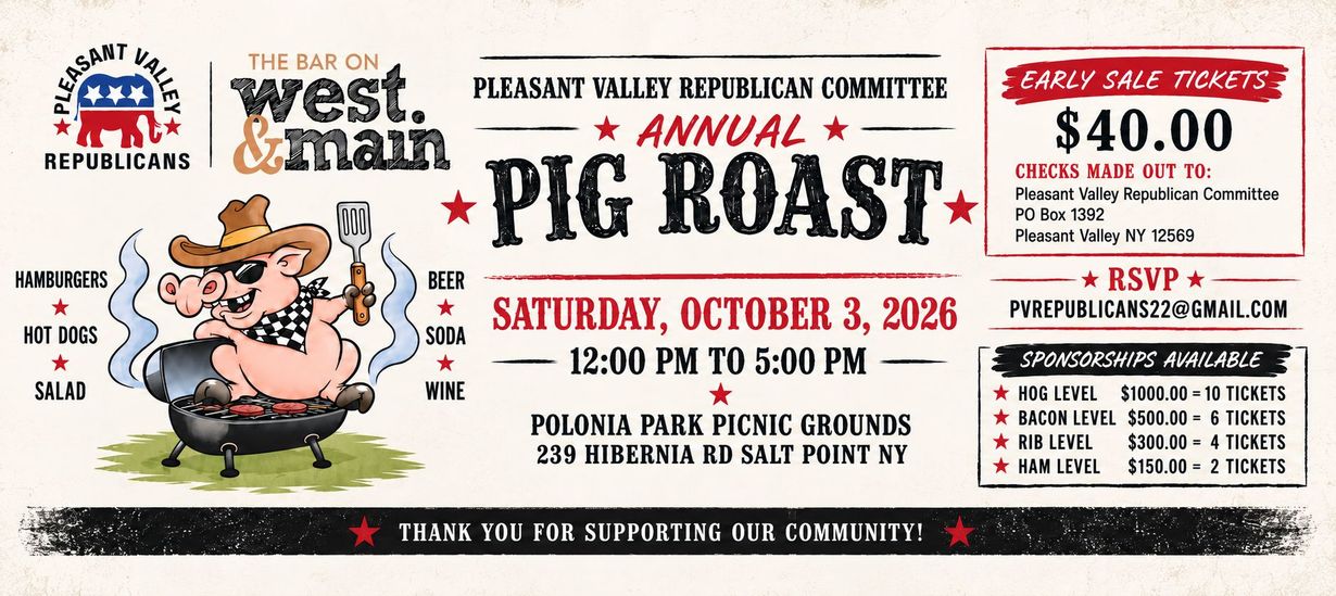 Pig roast event flyer with cartoon pig, red and black text, and details for Saturday, Oct. 3, 2026.