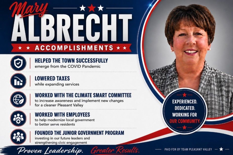 Mary Albrecht campaign flyer with portrait, red-white-blue design, and bullet points on civic experience