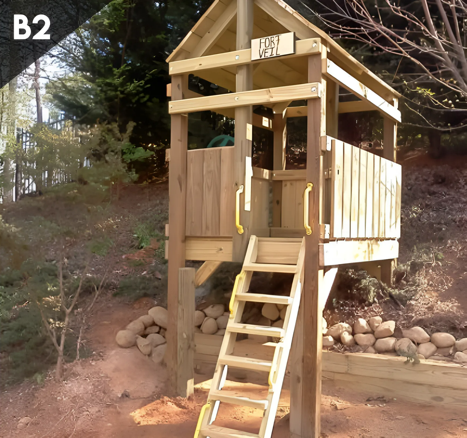 A wooden playhouse with the number b2 on it