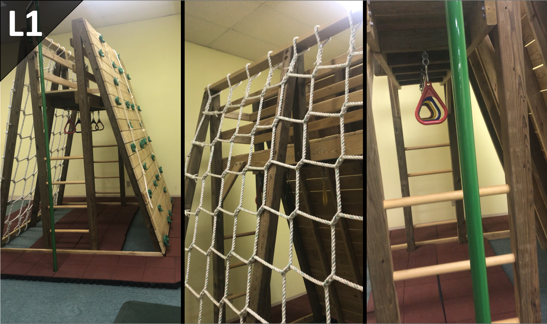 Three pictures of a climbing wall with the number l1 at the top