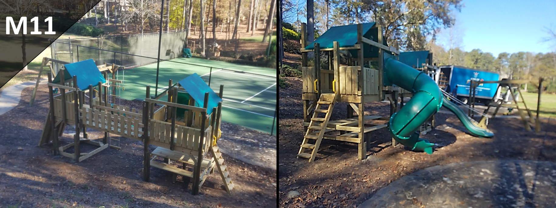 A before and after photo of a playground in a park.
