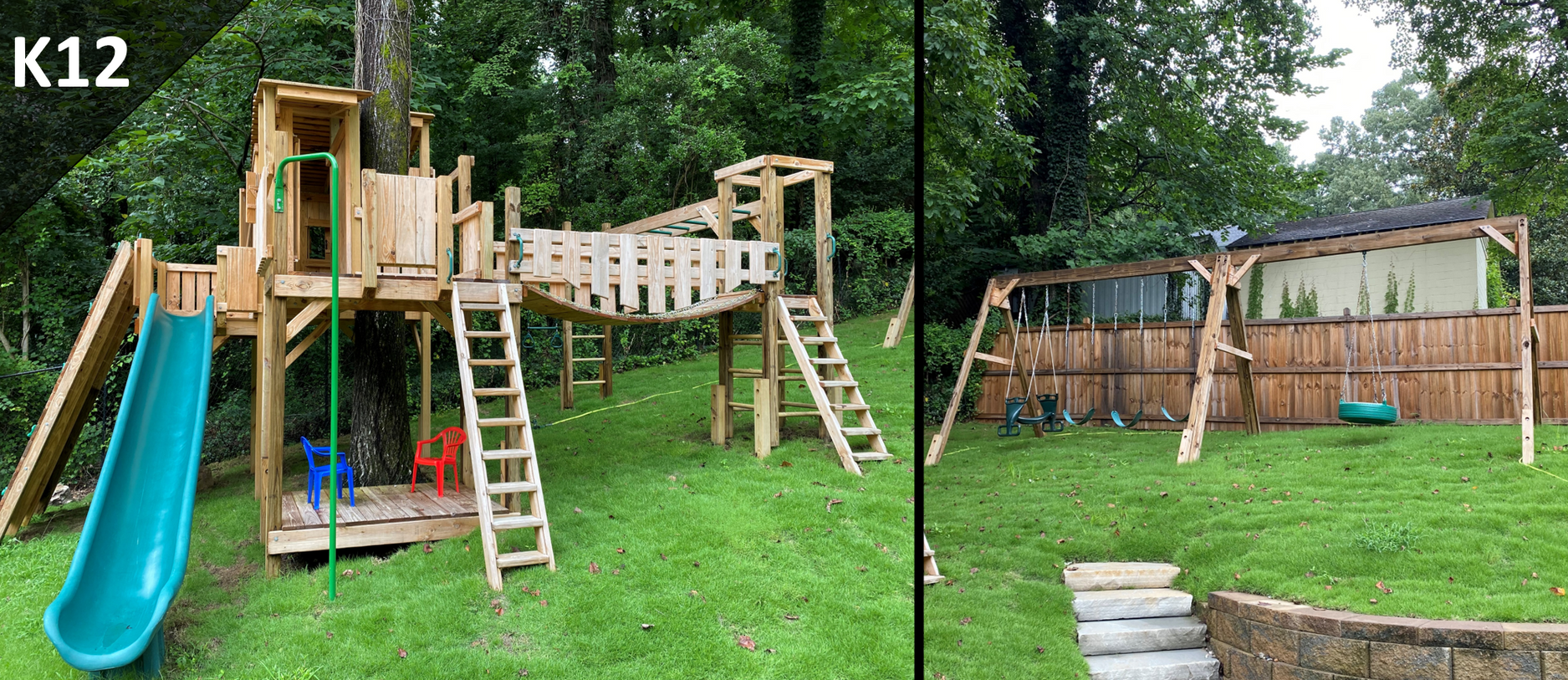 A wooden playground with a slide and stairs in a backyard.