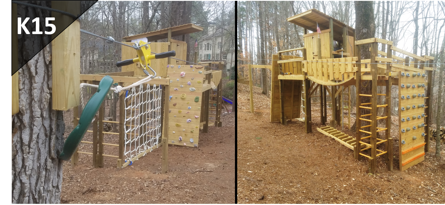 Two pictures of a wooden playground in the woods.