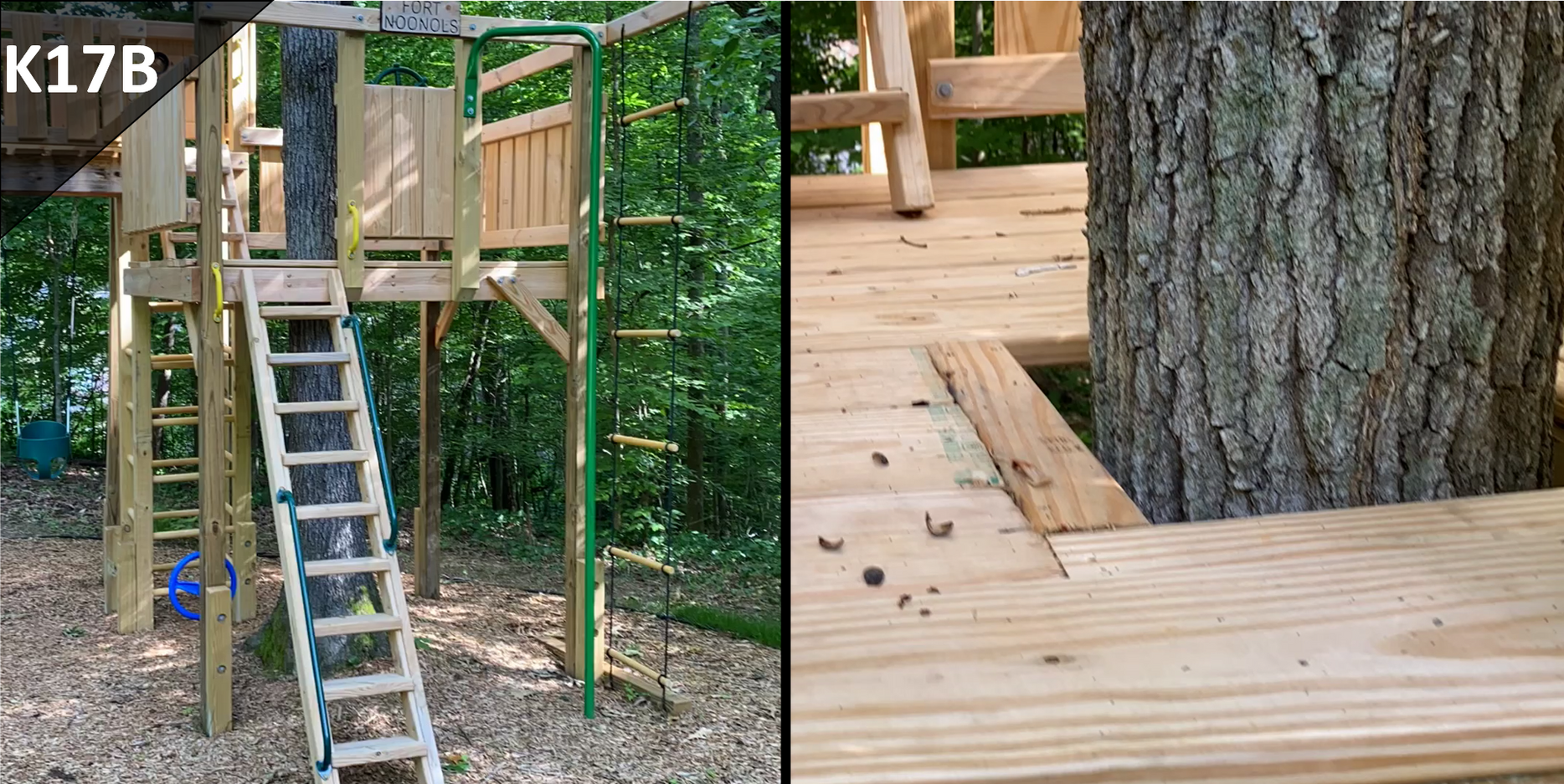 A picture of a tree house and a picture of a wooden deck.