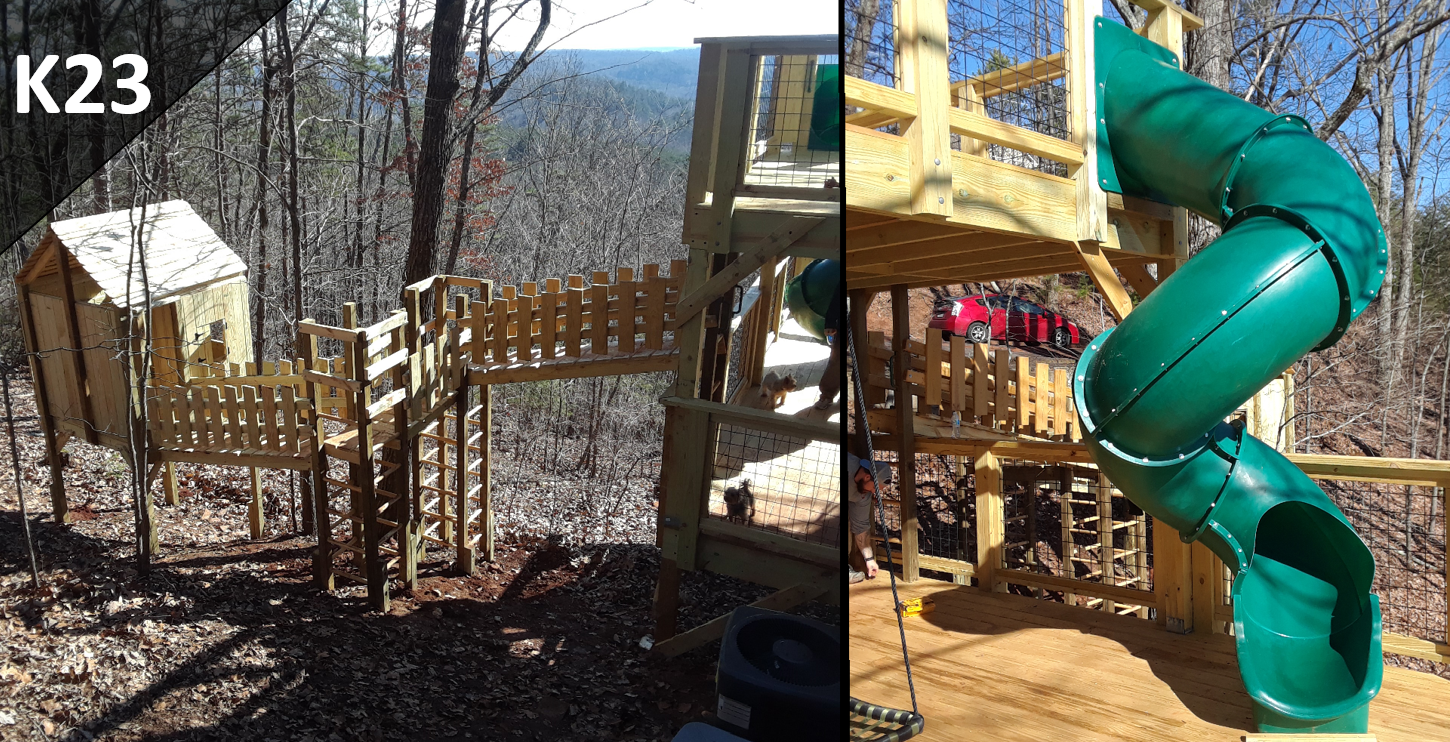 A picture of a tree house and a picture of a green slide.
