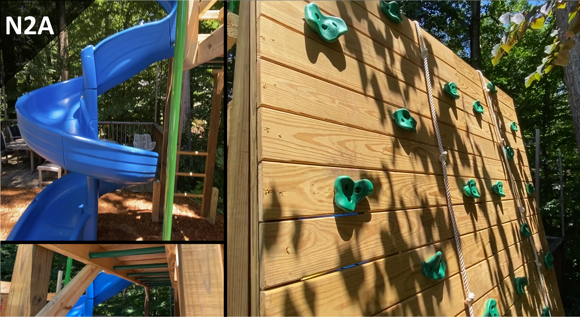 A wooden playground with a blue slide and a climbing wall.