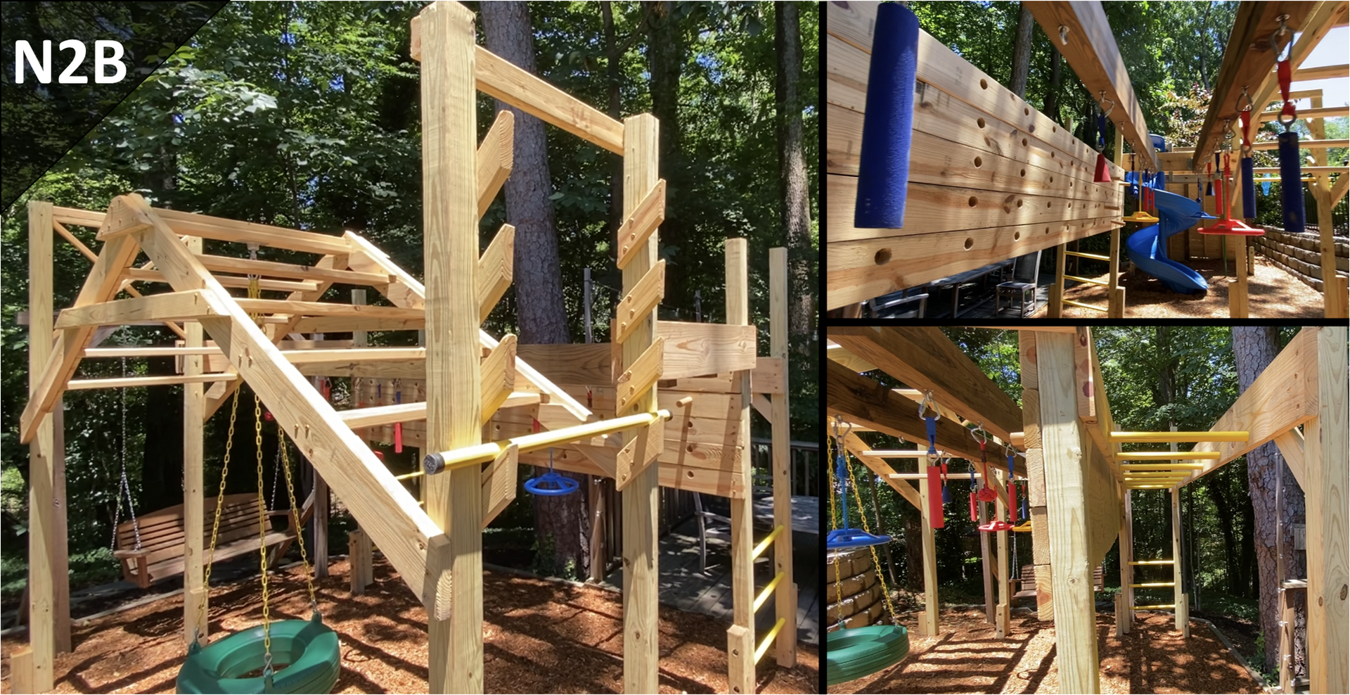 A wooden ninja warrior course is being built in the woods.