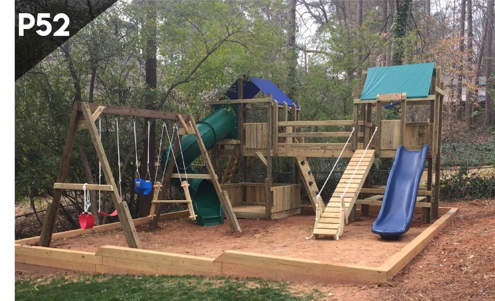 A large wooden playground with a slide and swings