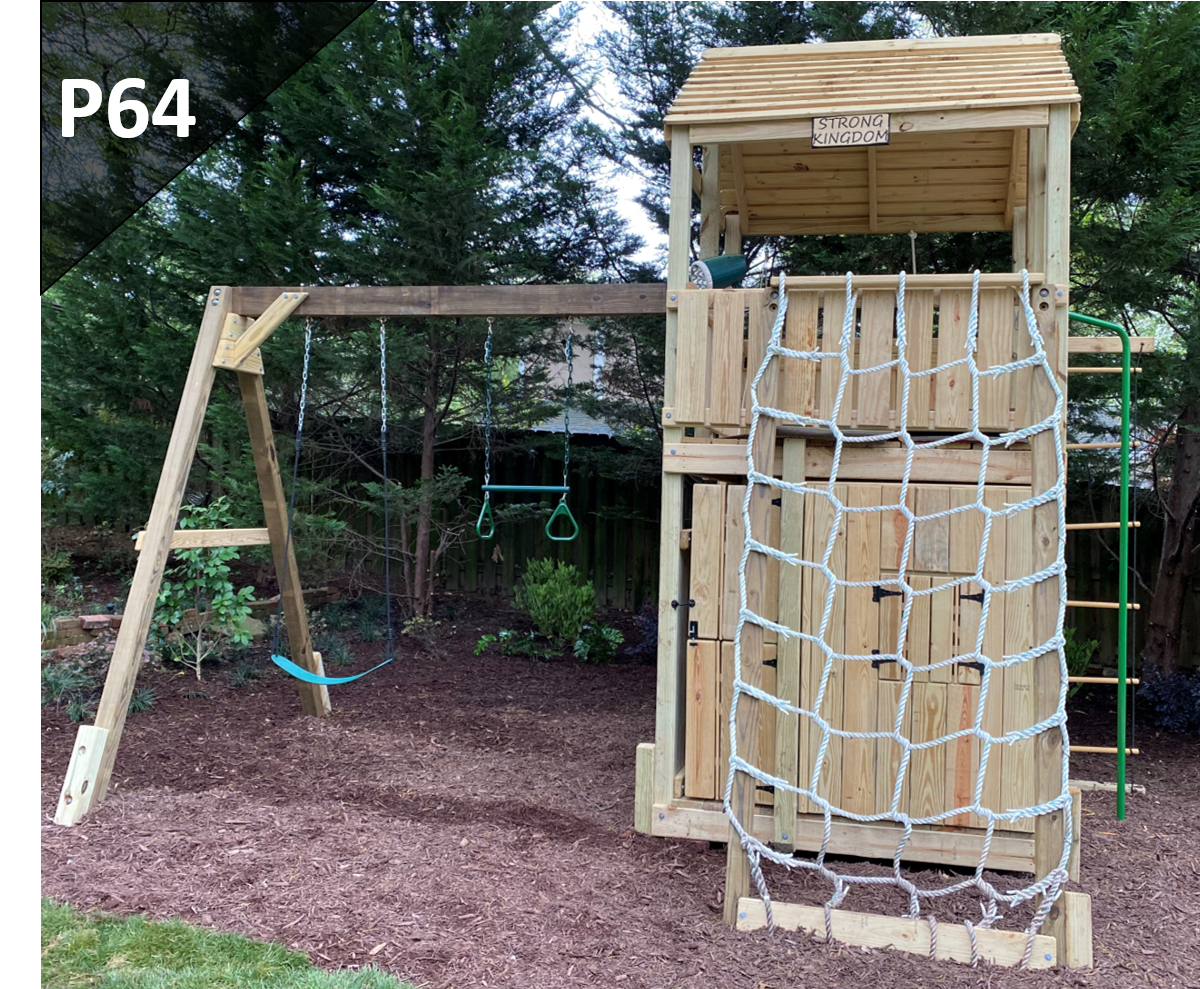 A wooden playground with the number p64 on the bottom