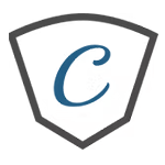 Blue letter C inside a gray shield outline logo