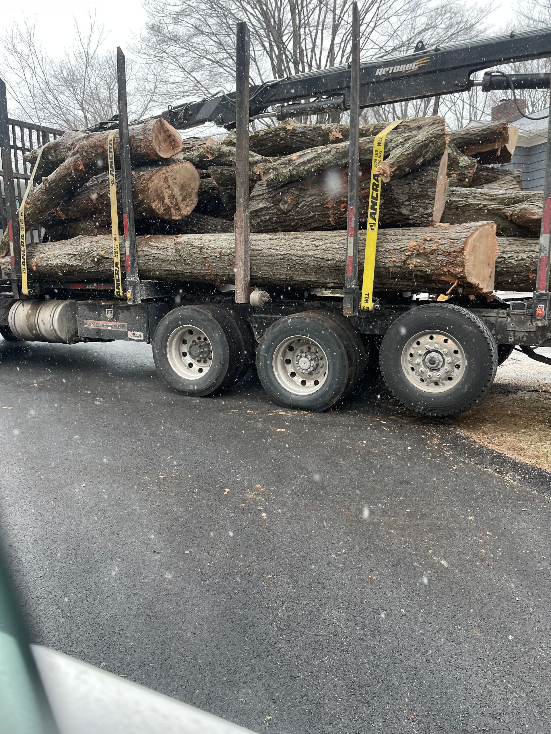 A truck is carrying logs down a snowy road.