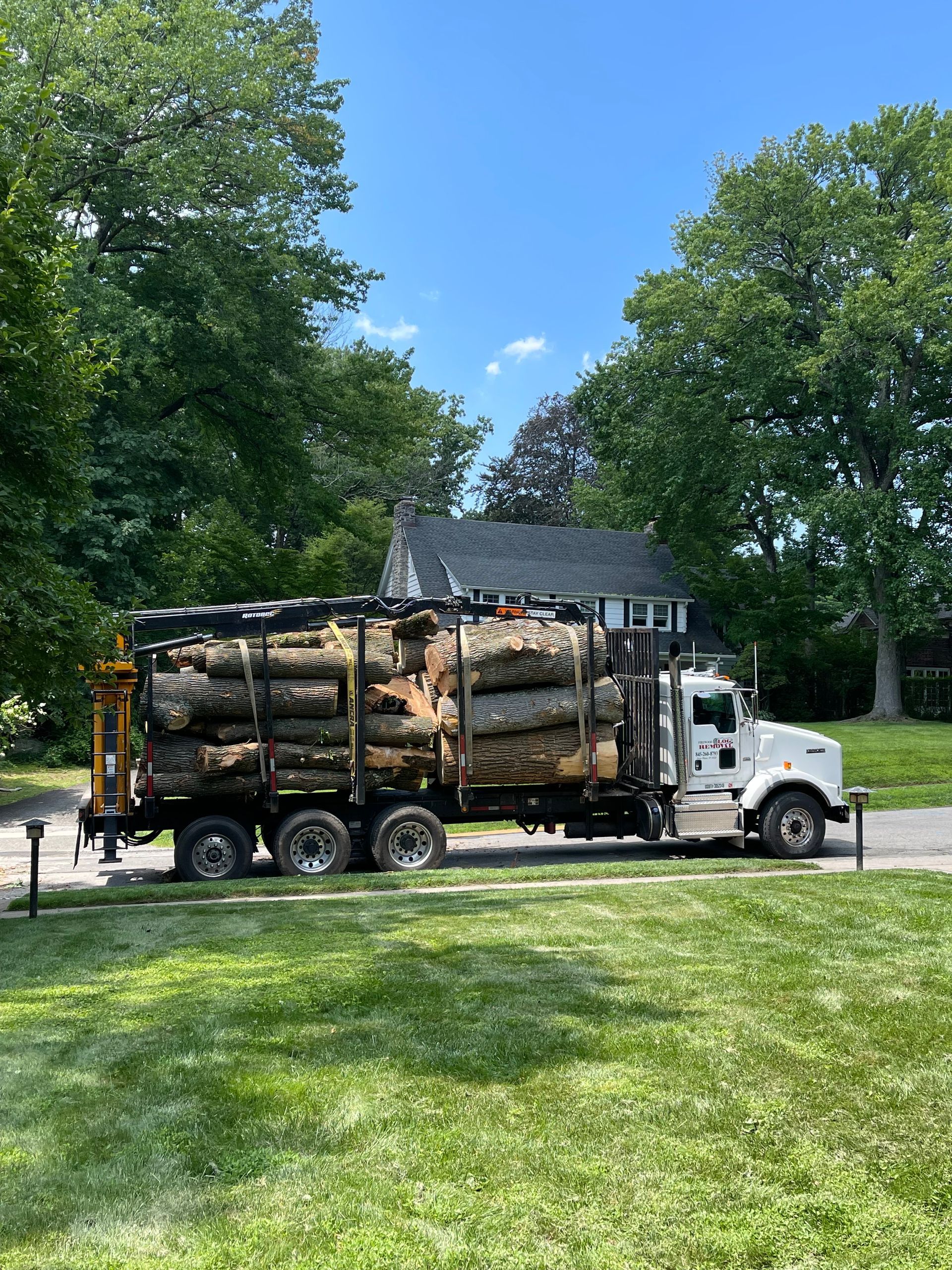 A large white truck is carrying logs in a yard.