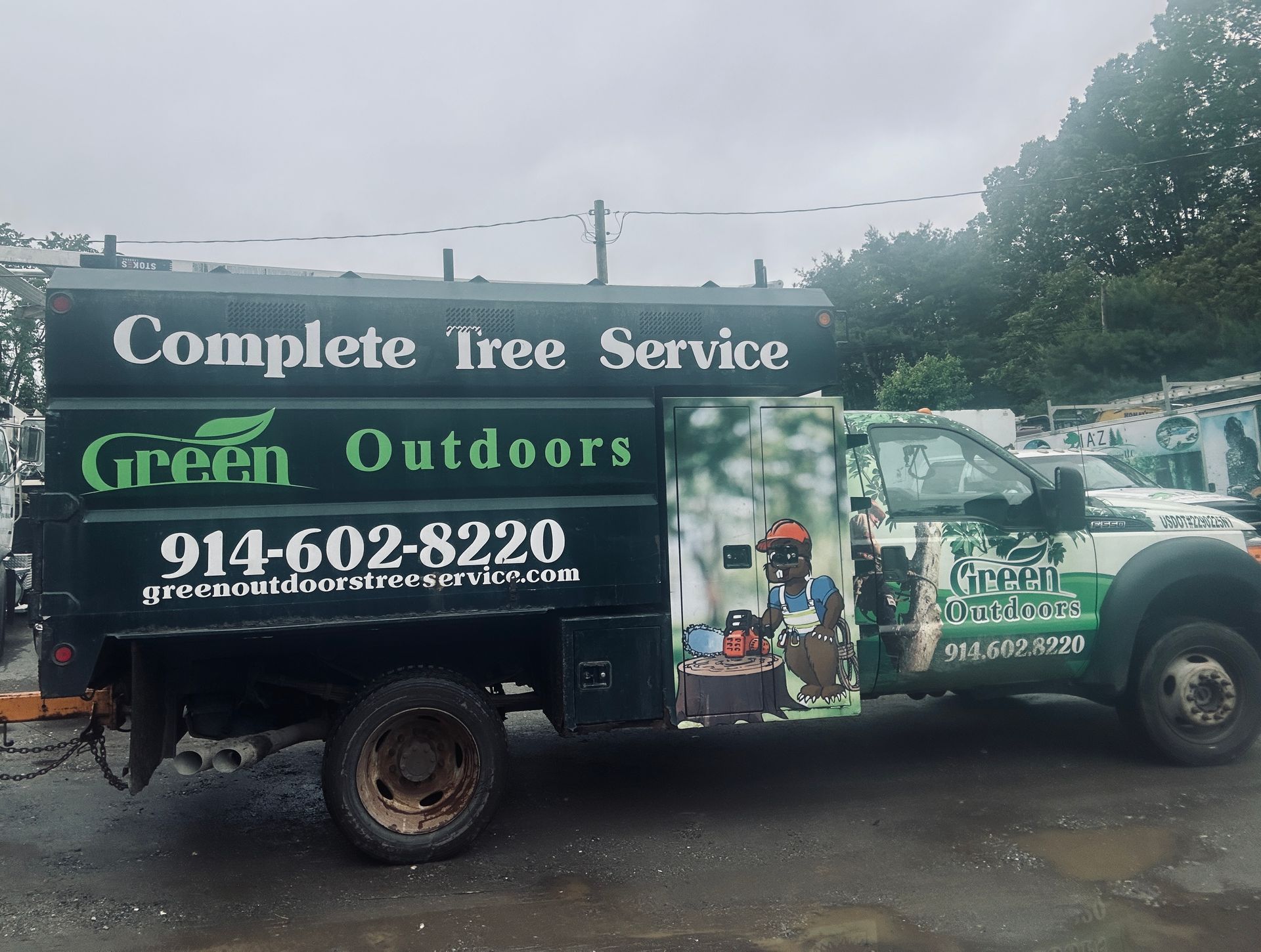 A complete tree service truck is parked in a parking lot