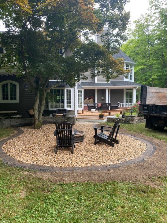 Two chairs are sitting in a circle in front of a house.