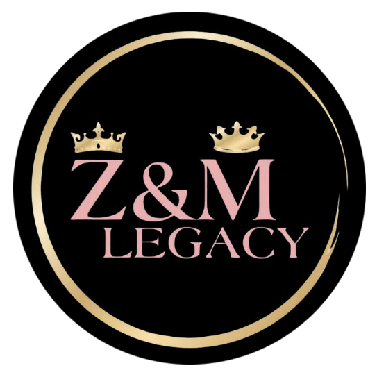 Black-and-gold circular logo with crowns and pink text “Z&M LEGACY”