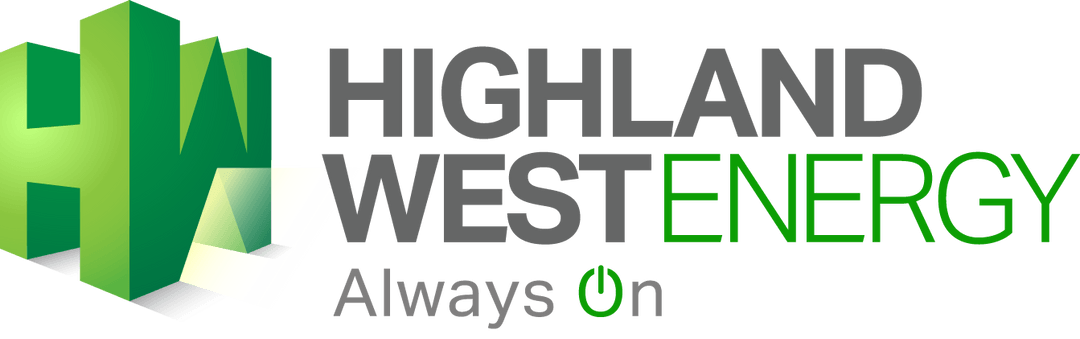 Highland West Energy logo with green geometric icon and gray-green text, “Always On” tagline