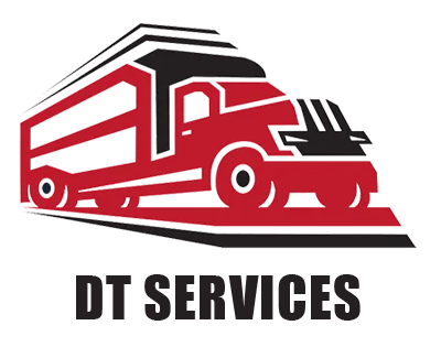 Red and black DT Services logo with a semi-truck hauling cargo