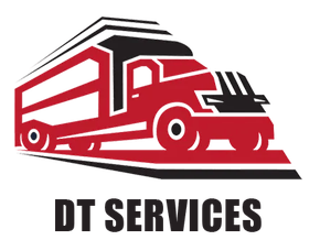 Red and black DT Services logo with a semi-truck hauling cargo
