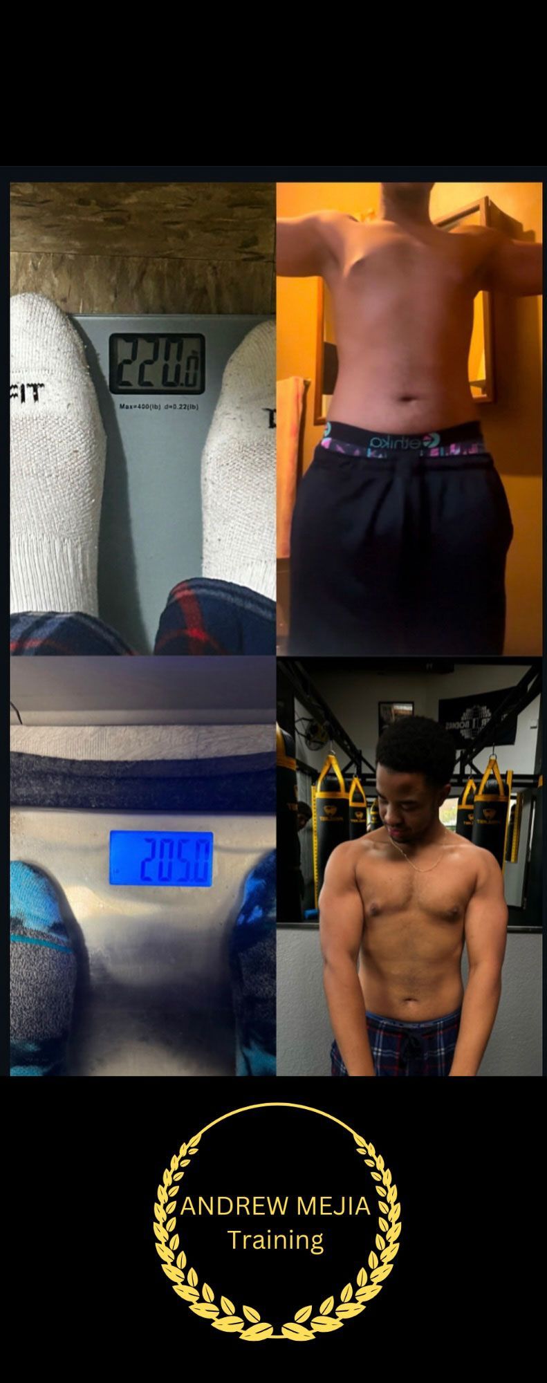 Weight loss progress photo with scale readings and muscular physique. Gold logo at the bottom.