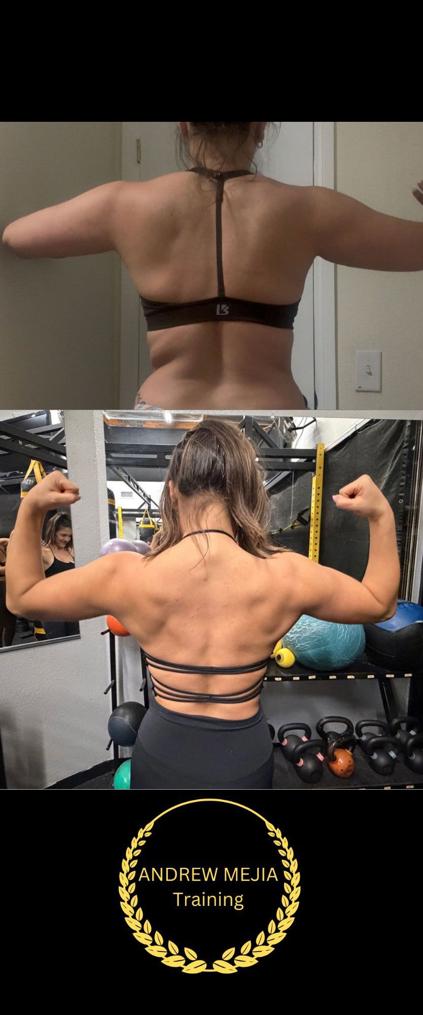 Comparison of a woman's back before and after fitness training, showing muscle development.
