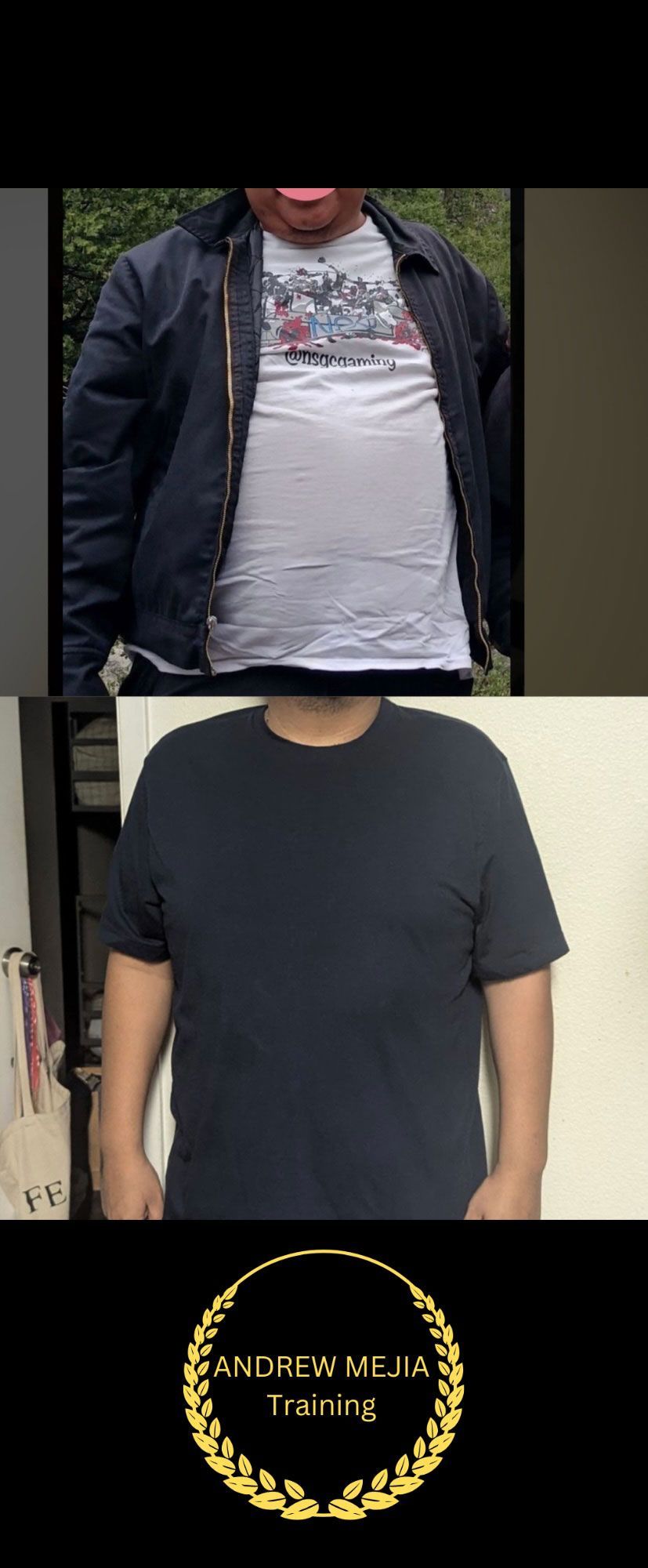 A person in a black jacket and white t-shirt, and another in a black t-shirt. The bottom has a golden emblem.