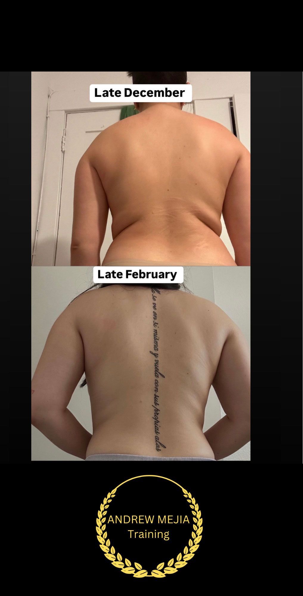 Side-by-side back photos show weight loss progress from late December to late February, with visible muscle definition and tattoo.
