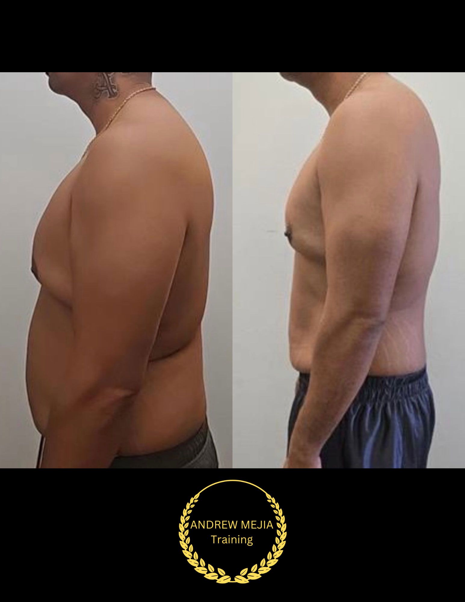 Side-by-side comparison of a person's torso, showing a reduction in body fat after training.