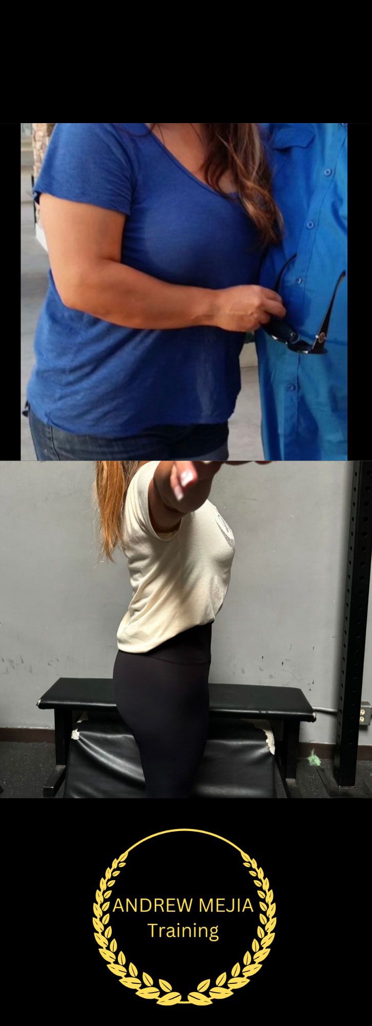 Weight loss transformation before and after photos. Person in blue shirt then workout attire. Training logo.